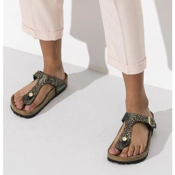 Birkenstock Women's 6.5 / 37 Gizeh Gold Embossed Microfiber Snake Thong Sandals - Picture 1 of 10